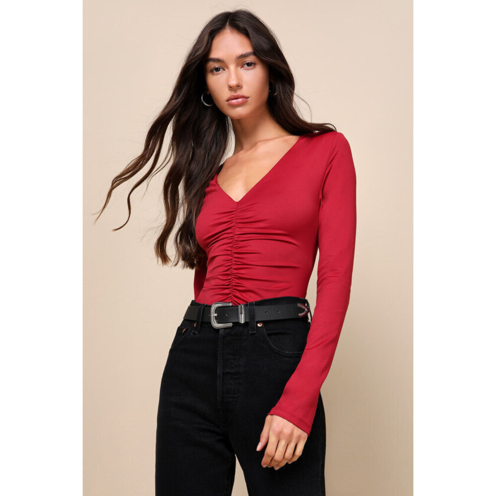 Lulus Favorable Feeling Red Ruched Long Sleeve Bodysuit - Size S